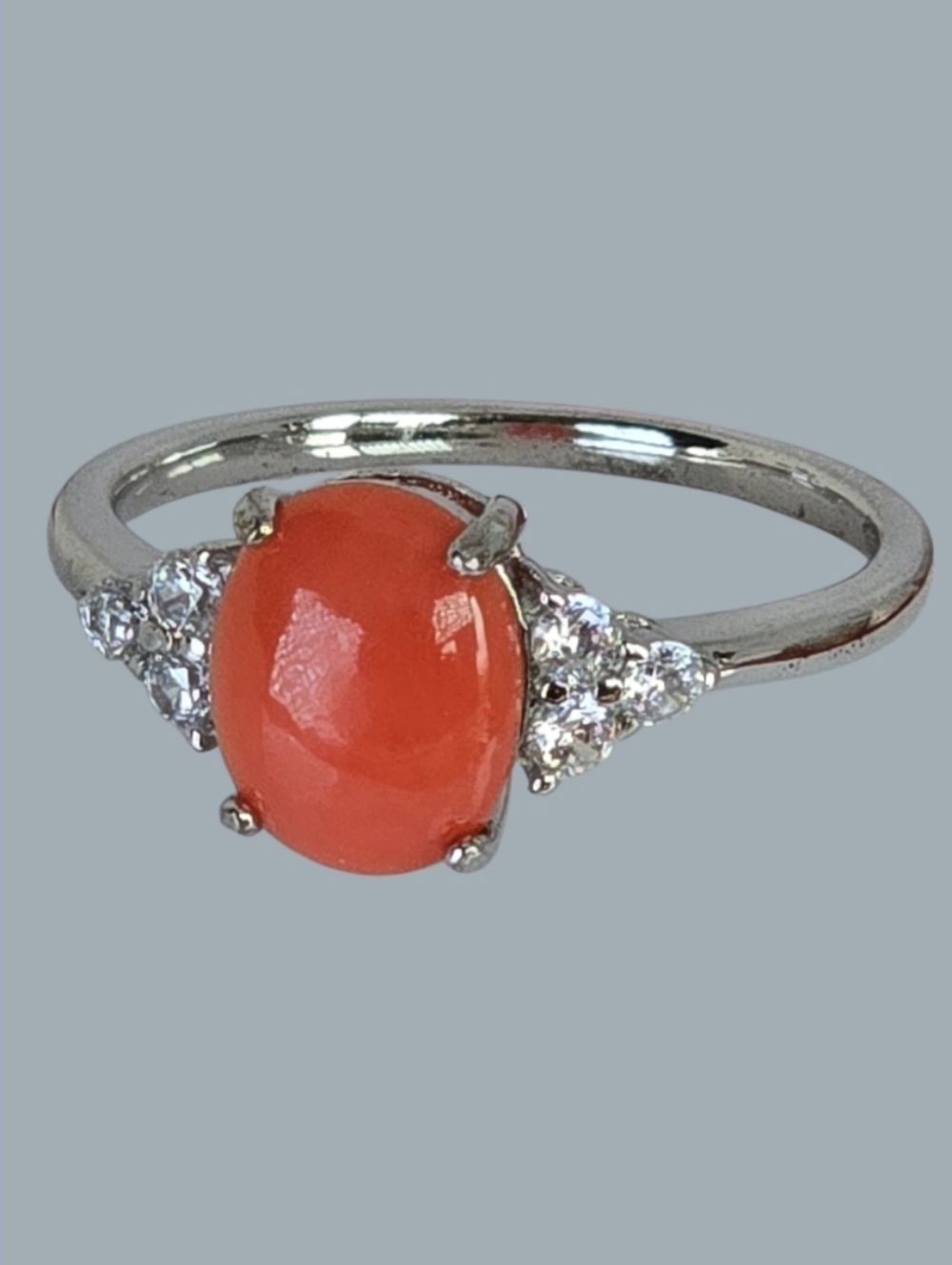 925 Sterling Silver Ring with Natural Red Coral & CZ